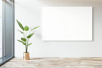 Fototapeta na wymiar Front view of blank white poster on light wall in a modern office corridor interior. 3D Rendering, mockup