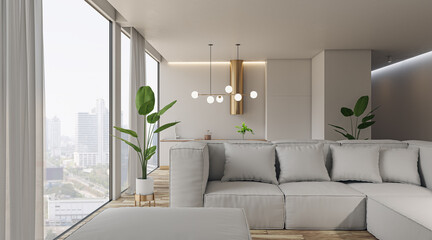 Bright light living room with wooden flooring, window and city view, furniture. Interior design concept. 3D Rendering.