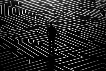 States of mind and psychology concept. Man silhouette in maze or labyrinth. Finding solution and self concept. Generative AI