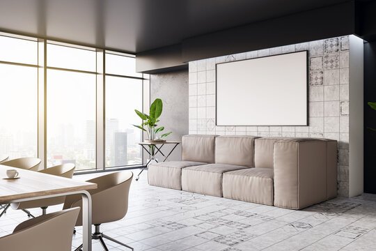 Relaxing area with sofa and blank white image frame in a modern office interior, mockup. 3D Rendering