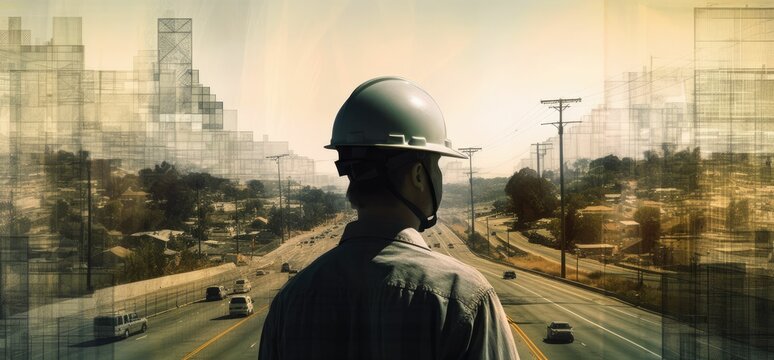 Construction Worker In Hard Hat Standing In Urban City In Double Exposure Style