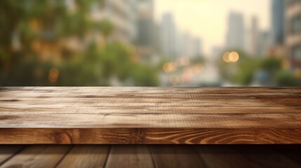 Wooden texture table top on blurred kitchen window background generative ai