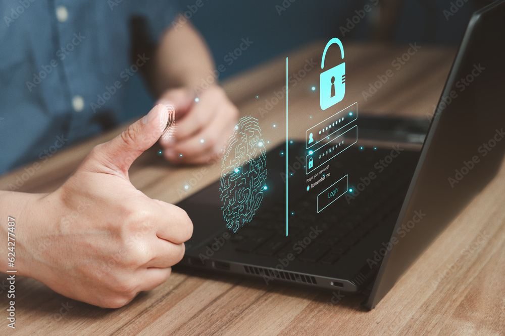 Poster Adult man login or sign in with fingerprint scanning technology in the computer laptop. Secure encryption and access to the user's private information to access the internet.
