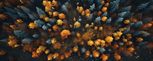 Aerial top drone view from sky to  autumn colorful forest, panorama. Generative Ai.