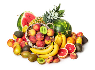 Still life of tropical fruits. Pineapple, watermelon, pears, apples, peaches, grapefruit, kiwi, pears, avocados on a white background. Isolate