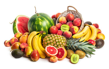 Still life of tropical fruits. Pineapple, watermelon, pears, apples, peaches, grapefruit, kiwi, pears, avocados on a white background. Isolate