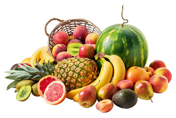 PNG, Still life of tropical fruits. Pineapple, watermelon, pears, apples, peaches, grapefruit, kiwi, pears, avocados. Isolate