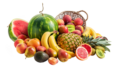 PNG, Still life of tropical fruits. Pineapple, watermelon, pears, apples, peaches, grapefruit, kiwi, pears, avocados. Isolate