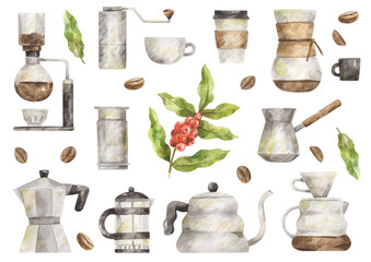 Watercolor set of different coffee shop equipments, coffee beans and branch. Hand-drawn items for...