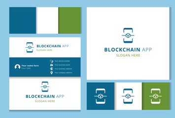 Blockchain app logo design with editable slogan. Branding book and business card template.