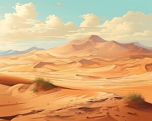 Fototapeta na wymiar A sandy desert with dunes and a distant mountain. (Generative AI)
