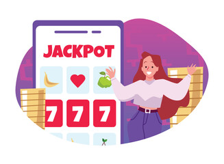 Slot machine jackpot win, lucky woman winning money coins with all sevens spin combination vector cartoon gambling