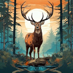 In the woods, a deer with antlers rests on a log. (Generative AI)