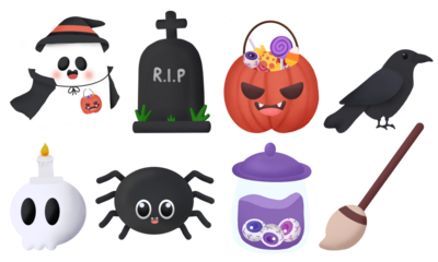 Halloween clipart set with cute cartoon characters of ghost, pumpkins candy, grave, spider, eyeballs jar, broom, skull and black raven 