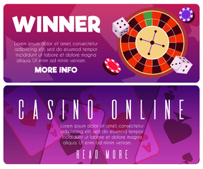 Gambling entertainment vector flyers set, casino roulette table, dices and chips, aces card, online game winner