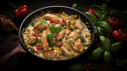 Generative AI image of a creamy chicken skillet with corn, featuring juicy chicken pieces immersed in a luscious sauce, accompanied by golden kernels of corn for a satisfying and comforting meal.