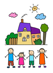 Obraz na płótnie Canvas Kid Draw Happy Family Background Isolated In White Background - Children Draw Happy Family Background