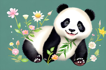 Fototapeta premium watercolor style cute baby panda happy panda fantasy flower splash