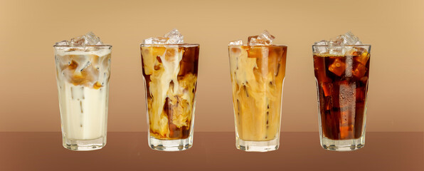 Set of ice caramel latte coffee and black Amricano coffee cold isolated clipping path clean cut on color background.