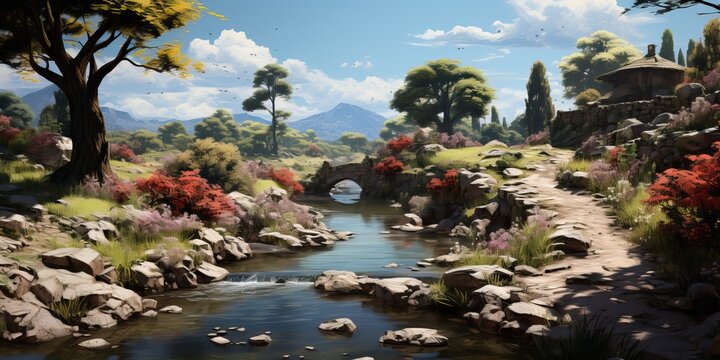 fairytale landscape with stone bridge , generative AI