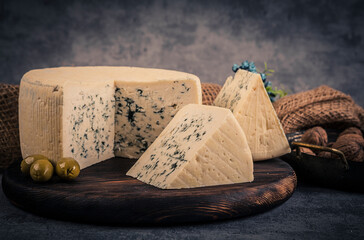 Cheese collection, piece of gorgonzola cheese with blue mold close up - 624280008