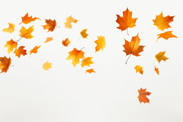 Falling autumn foliage on white background, isolated colorful leaves. Generative AI technology