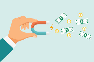 Attracting money concept. Businessman holding a horseshoe magnet attracting invest. Success in business. Vector illustration flat design.
