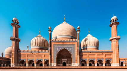 Magnificent Islamic Mosque Against Clear Blue Sky. Architectural Splendor, Spiritual Sanctuary, Skyward Minarets.