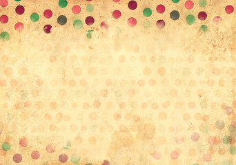 Old cardboard texture with polka dots pattern of green and maroon colors. Horizontal or vertical retro banner with paper texture. Vintage cardboard background