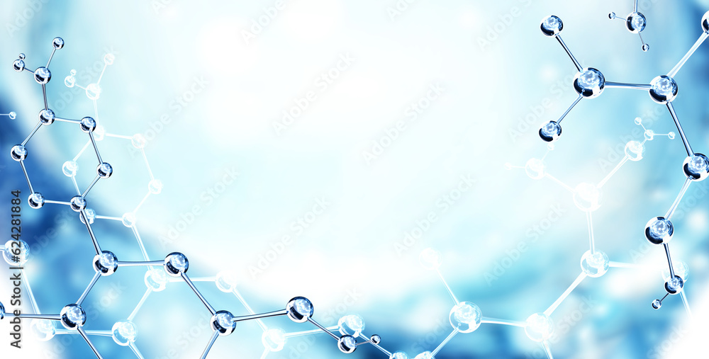 Wall mural horizontal banner with model of abstract molecular structure. background of blue color with glass at