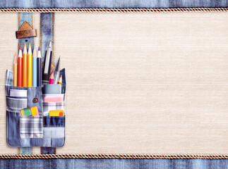 Back to school. Pencils and pens in denim pocket. Jeans pocket with office supplies. Education...