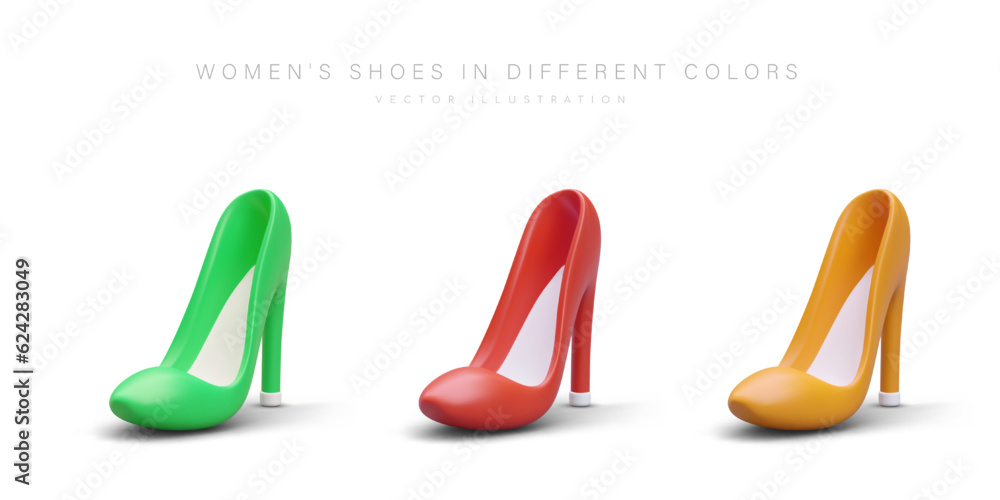 Wall mural 3d realistic shoes for female in different colors. beautiful heeled shoes template. element of woman - Wall murals
