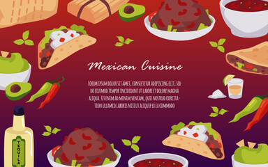 Banner about Mexican cuisine with different dishes flat style, vector illustration
