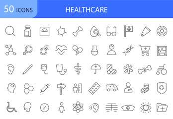 A set of 50 icons for medicine and healthcare in a linear style.
