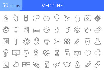 A set of 50 icons for medicine and healthcare in a linear style.