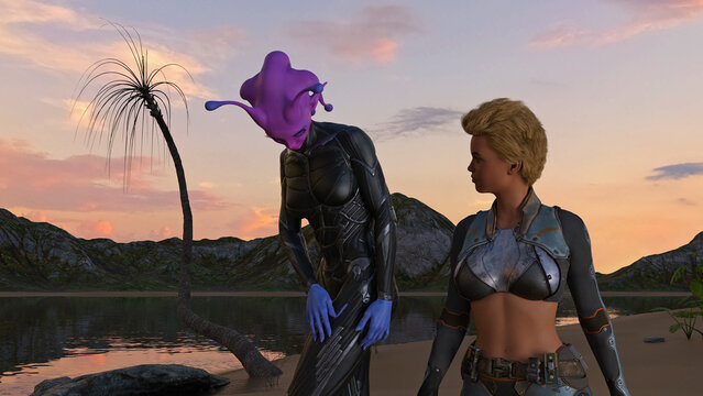 Illustration of a woman looking at a female alien bending over looking at a tear in her bodysuit on a sunset afternoon.