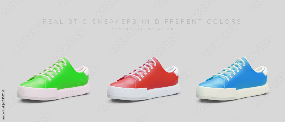 Sticker 3d green, red and blue gumshoes. Advertising poster with sporty shoes for man and woman. Vector design in cartoon style with gray background and place for text