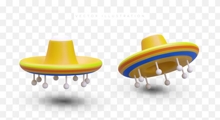 Color vector sombrero with ball fringe. Realistic national headdress. Traditional Mexican wide brimmed hat. Festive accessory. Isolated object, view from different sides