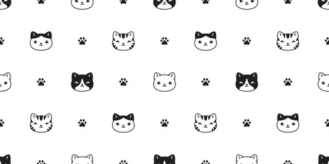 cat seamless pattern kitten calico face head paw footprint neko vector cartoon character breed pet gift wrapping paper tile background repeat wallpaper animal doodle illustration design scarf isolated