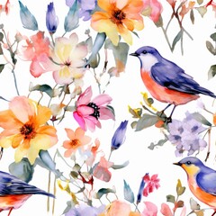 Spring, Birds, Geometric TILE texture, Seamless, Repeating pattern, Endless background. REPETEABLE IMAGE BOTH HORIZONTALLY, VERTICALLY. Birds and Flowers. Generative AI