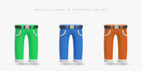 Colorful realistic 3d pants in different colors. Product for company selling clothes, pants models for male. Vector illustration in blue, green and orange colors in cartoon design