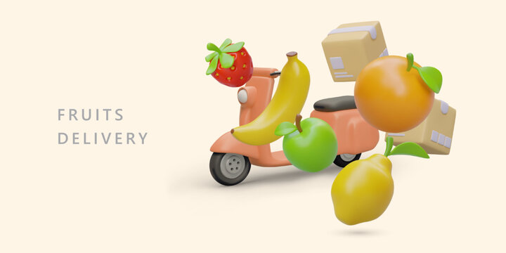 Fruit and berry delivery service. Transporting order to buyers home. Fresh deliveries from farm, garden, greenhouses. Commercial poster with space for text