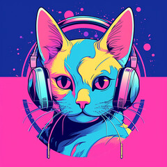 Cat dj in headphones vaporwave style