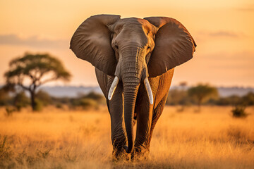 Fototapeta na wymiar portrait of an elephant, savanna, sunset