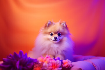 pomeranian puppy on neon background