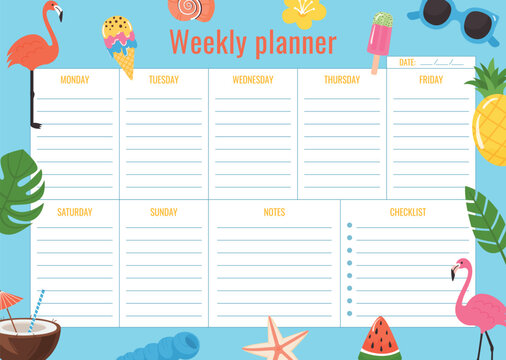 Summer design Horizontal weekly planner template. School Page plan. Schedule for 7 days of the week, notes and checklist. Vector illustration