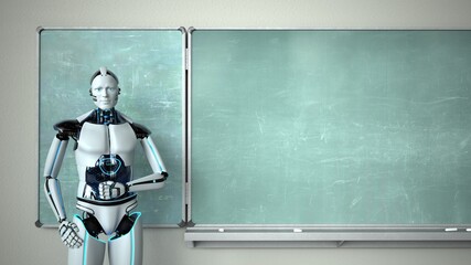 Humanoider Roboter als Dozent in der Schule vor einer Schultafel