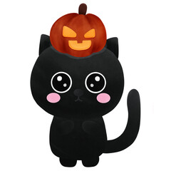 Black cat cartoon with pumpkin on head for Halloween