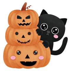Black cat cartoon sits on a pumpkin for Halloween.