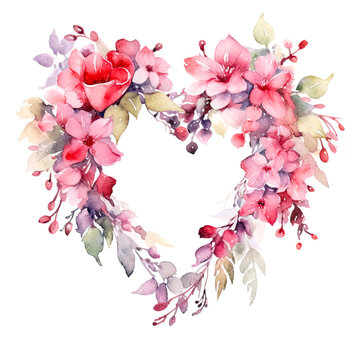 Wedding floral heart wreath composition. Watercolor flowers isolated on white illustration.